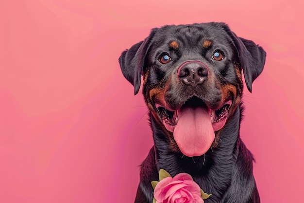 Szczęśliwy czarny Rottweiler z różowym kwiatem na kołnierzu pozujący przed pastelowym różowym tłem