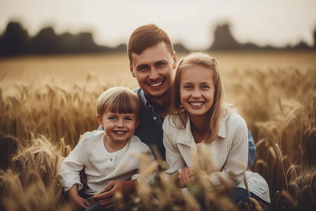 Szczęśliwy czas dla rodziny Widok z tyłu młoda rodzina z dziećmi razem w parku na świeżym powietrzu Siedząc pośrodku pięknego zielonego pola Generuj Ai