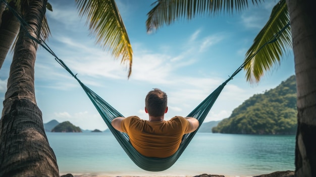 Szczęśliwy człowiek leży w hamaku na tle palm i morza podczas wakacji
