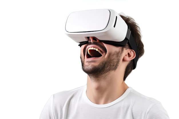 szczęśliwy człowiek ma na sobie zestaw słuchawkowy wirtualnej rzeczywistości na białym tle