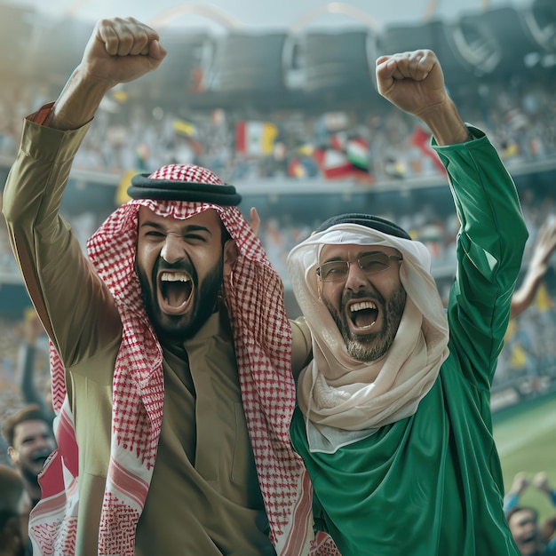 Szczęśliwy człowiek podnoszący ręce w powietrze podczas meczu piłki nożnej, meczu krykieta.