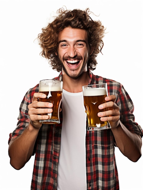 Szczęśliwy człowiek pokazujący kubek piwa AI Generative