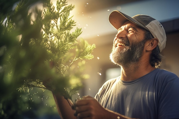 Szczęśliwy człowiek przerzedza i przycina drzewo za pomocą generatywnej sztucznej inteligencji