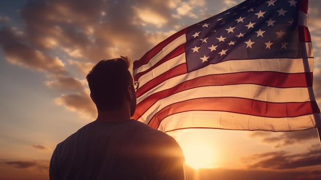 Szczęśliwy człowiek trzymający flagę amerykańską na zachodzie słońca, koncepcja wolności i patriotyzmu