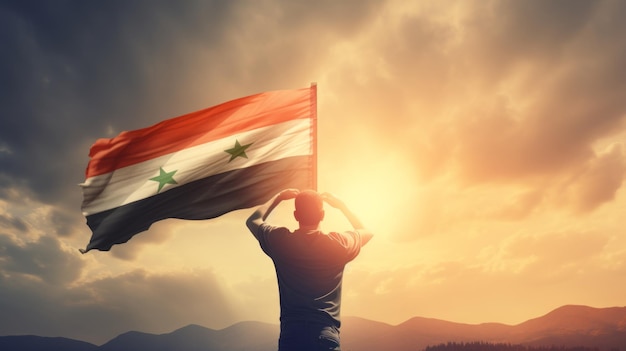 Szczęśliwy człowiek trzymający flagę Syrii na zachodzie słońca, koncepcja wolności i patriotyzmu