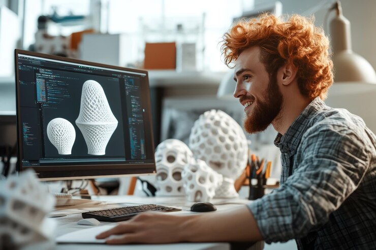 Zdjęcie szczęśliwy człowiek uśmiechający się do swojego udanego stworzenia modelu 3d i świętującego swoje osiągnięcie