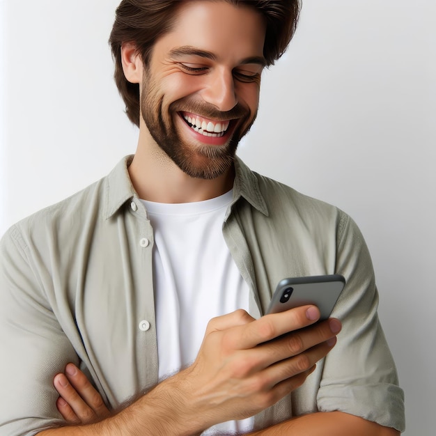 szczęśliwy człowiek używający telefonu komórkowego odizolowanego na białym tle