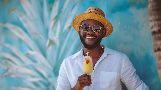 Szczęśliwy człowiek w słomkowym kapeluszu cieszy się tropikalnym owocowym lodem, przypadkowym letnim modem, wakacjami, wibracjami i radosnymi chwilami, uchwyconym uśmiechem czystej zadowolenia.