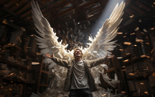 Szczęśliwy człowiek z dużymi skrzydłami anioła na ciemnym strychu lub w bibliotece z szeroko otwartymi ramionami