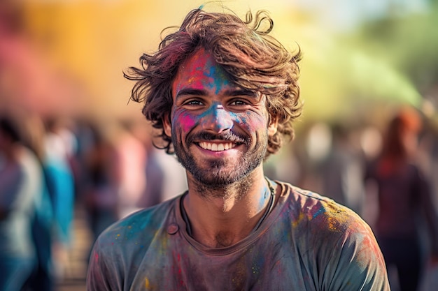Szczęśliwy człowiek z twarzą wysmarowaną kolorami na festiwalu holi