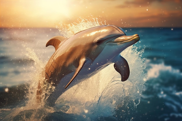Szczęśliwy delfin pasiasty skacze poza morzem o zachodzie słońca