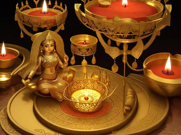 Szczęśliwy Diwali Diwali wakacje abstrakcyjne błyszczące tło z lampami diya i rangoli 3D ilustracja