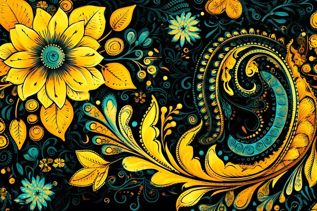 Zdjęcie szczęśliwy diwali żółty z kwiatowym paisley i mandala