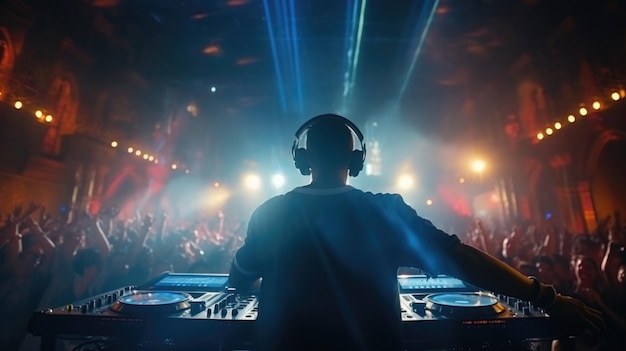 Szczęśliwy DJ grający muzykę na wielką imprezę