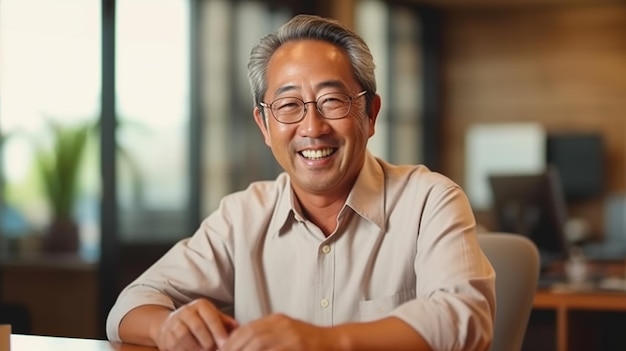 Szczęśliwy dojrzały azjatycki mężczyzna w domu Generative AI