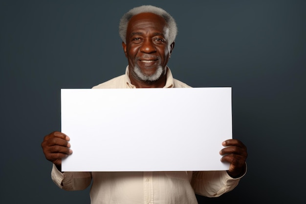 Szczęśliwy dojrzały czarny mężczyzna trzymający pusty biały baner z znakiem izolowany portret studyjny