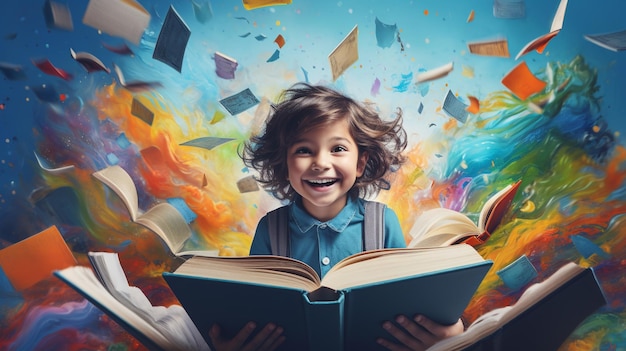 Szczęśliwy dzieciak czytający książki na kolorowym tle