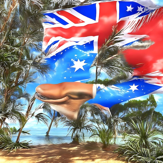 Zdjęcie szczęśliwy dzień australii z realistyczną flagą australii i sylwetką kangura ai ganarated