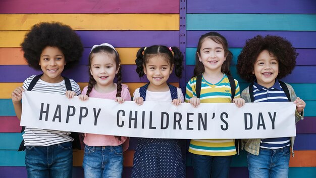 Szczęśliwy Dzień Dziecka Dzieci trzymające baner szczęśliwy tekst Dnia Dziecka Generative ai