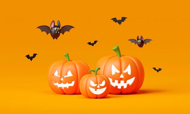 Szczęśliwy dzień halloween z halloweenowymi dyniami i uroczą nietoperzową ilustracją 3d