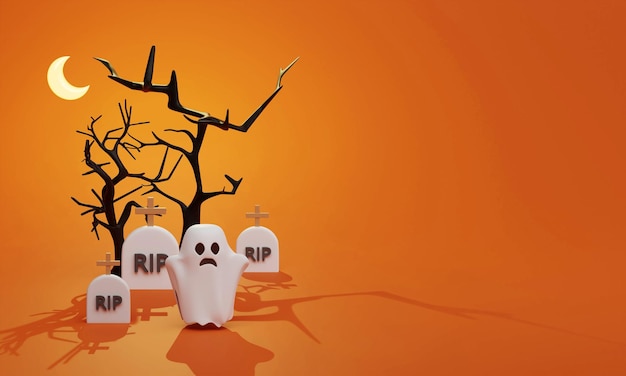 Szczęśliwy dzień Halloween z upiornym duchem halloween na pomarańczowym tle minimalna ilustracja 3d Render