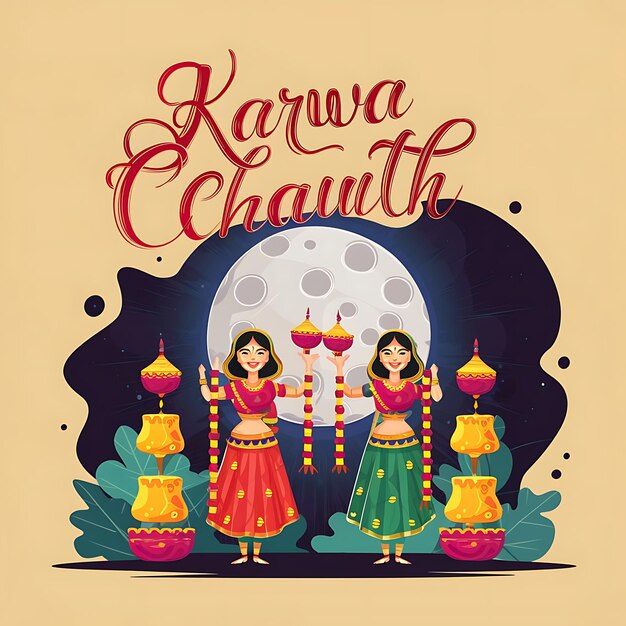 Zdjęcie szczęśliwy dzień karwa chauth hinduistyczny festiwal płaski tło projekt ilustracji