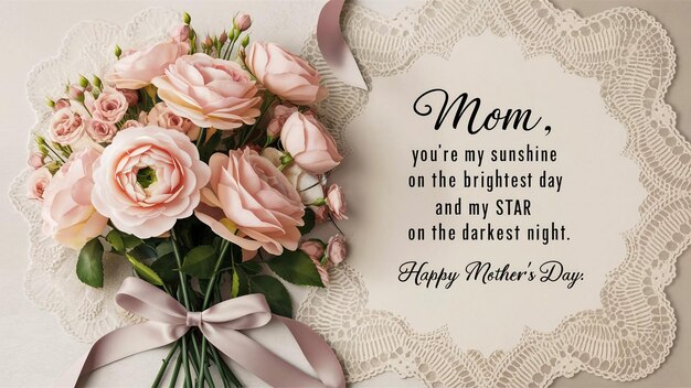 Szczęśliwy Dzień Matki z różowymi różami i wstążką