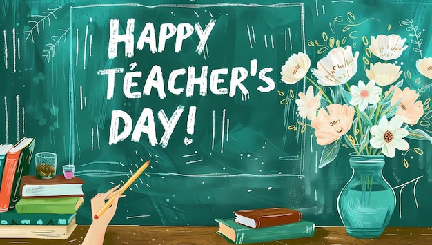 Zdjęcie szczęśliwy dzień nauczyciela na zielonej tablicy