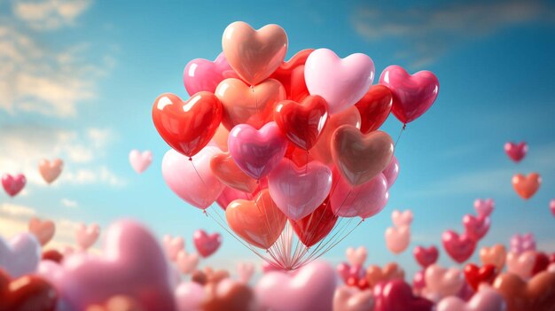 Szczęśliwy Dzień Świętego Walentynki. Balony w kształcie serca pływają w powietrzu.
