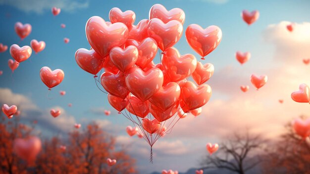 Szczęśliwy Dzień Świętego Walentynki. Balony w kształcie serca pływają w powietrzu.