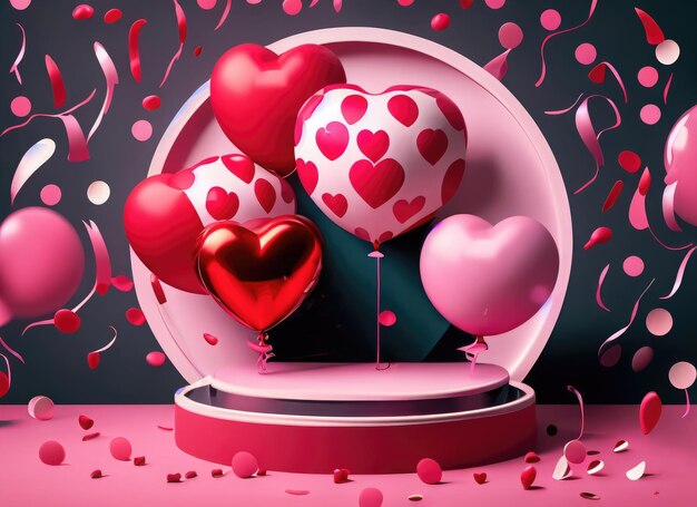 Zdjęcie szczęśliwy dzień walentynek tło realistyczne 3d scena podium okrągłe studio uroczyste przedmioty dekoracyjne w kształcie serca balony ai generowane