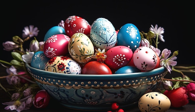 Szczęśliwy dzień Wielkanocny z dekoracyjnymi jajkami wielkanocnymi w koszu