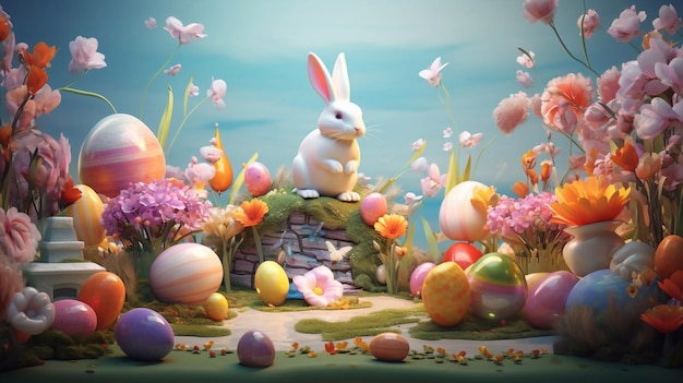 Szczęśliwy Dzień Wielkanocny z kolorowymi malowanymi realistycznymi jajkami i uroczym królikiem