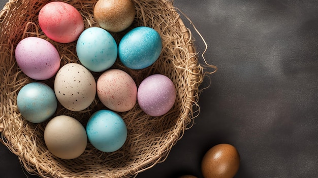 Szczęśliwy dzień Wielkanocny z malowanymi jajkami kolorowymi w koszu lub gnieździe na drewnianym tle lub kopiowaniu przestrzeni