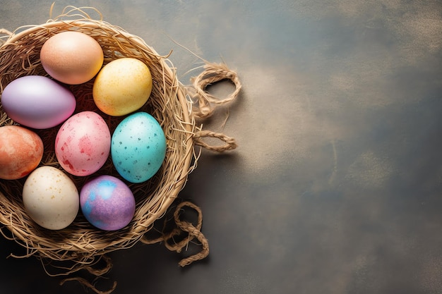 Szczęśliwy dzień Wielkanocny z malowanymi jajkami kolorowymi w koszu lub gnieździe na drewnianym tle lub kopiowaniu przestrzeni