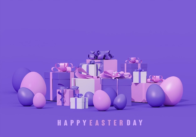Szczęśliwy dzień Wielkanocny z pudełkiem podarunkowym jajko wielkanocne jajko wielkanocne na pastelowo-fioletowym tle renderowanie 3D