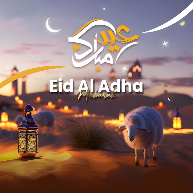Szczęśliwy Eid al Adha krowa koza pustynia z dekoracyjnymi światłami latarni