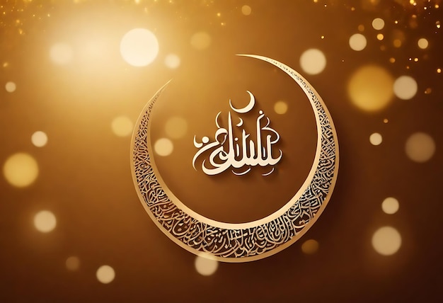 Szczęśliwy Eid Mubarak kaligrafia z pustym grawerowaniem księżyca na złotym tle bokeh Ilustracja