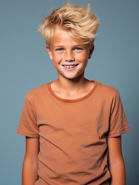 Zdjęcie szczęśliwy europejski dzieciak w swobodnym ubraniu na neutralnym tle