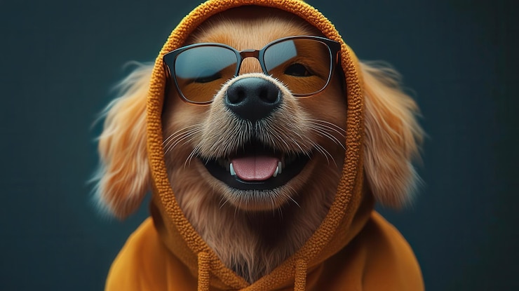 Zdjęcie szczęśliwy golden retriever noszący stylowe okulary amp hoodie 3d flat design
