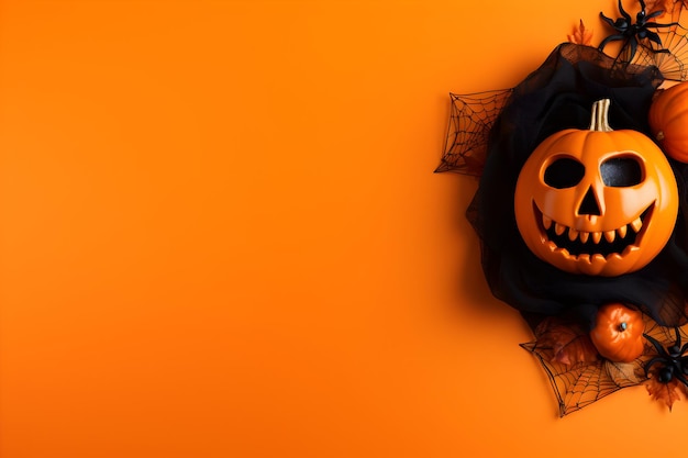 Szczęśliwy halloween płaski model z dyniami pająkami i pajęczyną na pomarańczowym tle
