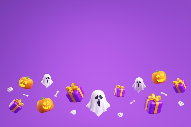 Zdjęcie szczęśliwy halloween z jackolantern dyni duch kapelusz czarownica i pudełka podarunkowe pływające na fioletowym tle tradycyjne październikowe święta 3d rendering