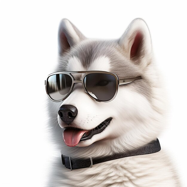 Zdjęcie szczęśliwy husky z okularami przeciwsłonecznymi na białym tle generatywna sztuczna inteligencja