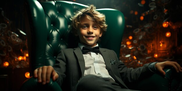 Szczęśliwy i krzyczący bogaty chłopiec bogaty dzieciak odpoczywa w dużym luksusowym fotelu podczas gdy rachunki spadają