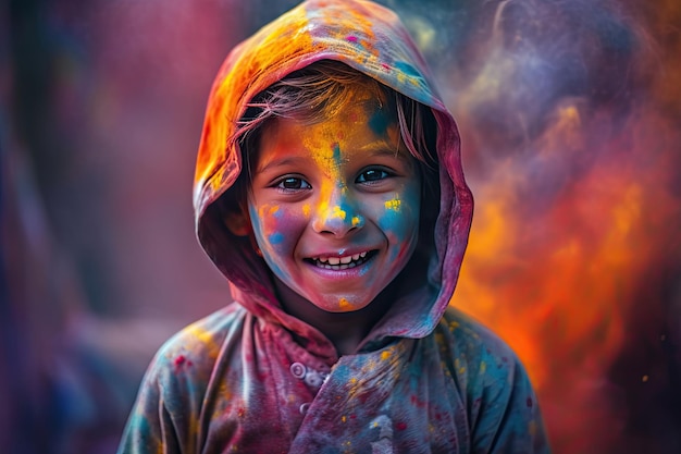 Szczęśliwy indyjski chłopiec świętuje kolorowy festiwal Holi w Indiach Generative Ai