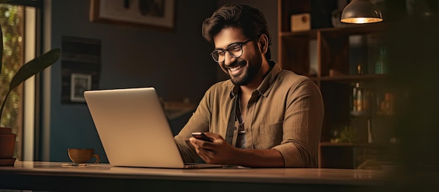 Zdjęcie szczęśliwy indyjski freelancer pracujący w domowym biurze z telefonem komórkowym i laptopem patrzący na ekran komputera i rozmawiający przez telefon komórkowy przy biurku