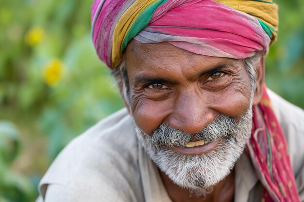 Zdjęcie szczęśliwy indyjski rolnik z uroczymi oczami portret z kostiumem
