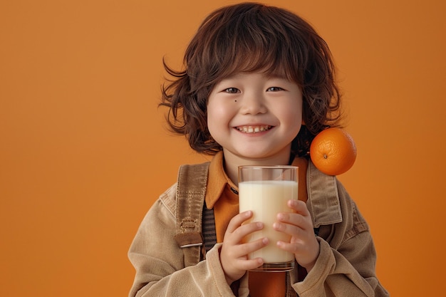 Szczęśliwy japoński chłopiec z szklanką mleka na pomarańczowym tle