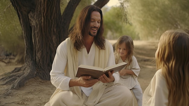 Szczęśliwy Jezus siedzi na łące pod drzewem, czyta książkę i uśmiecha się z dziećmi.