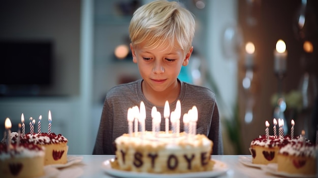 Szczęśliwy kaukazyjski chłopiec świętuje swoje urodziny ogromnym smacznym ciastem ze świecami stworzonym za pomocą technologii generatywnej sztucznej inteligencji